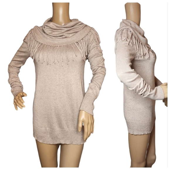 Chelsea & Theodore Wool Blend Beige Sweater Fringe Cowl Neck Size Small - Picture 2 of 15